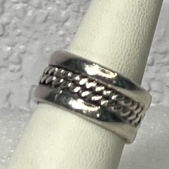 Unisex Silver 925 Band Ring Sz 8.5 Double Rope Cigar Band 80s Pattern Boho Hippi - Picture 1 of 7